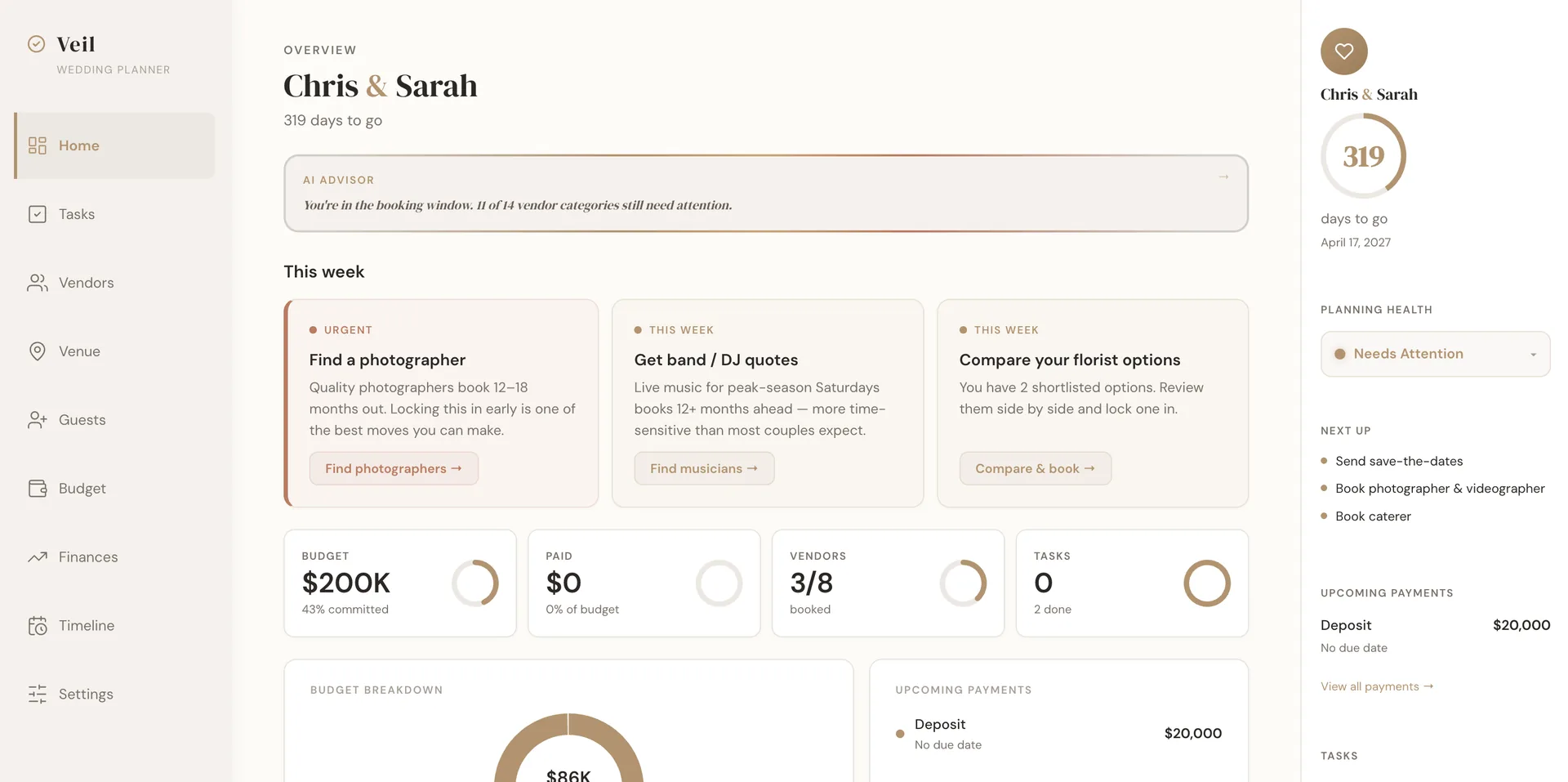 The Veil dashboard showing vendor progress, budget tracking, and a wedding countdown